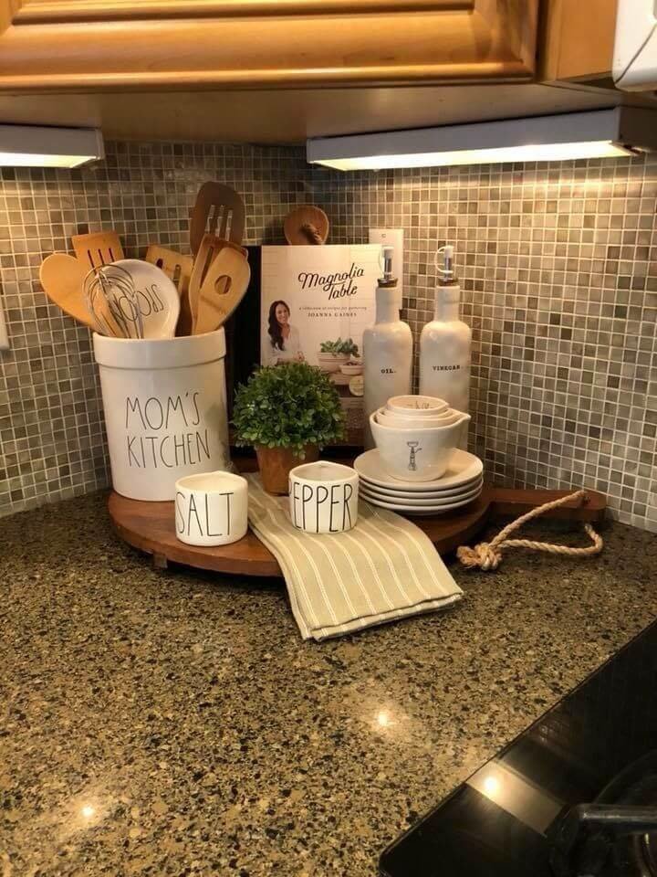 Rae Dunn inspired kitchen counter corner