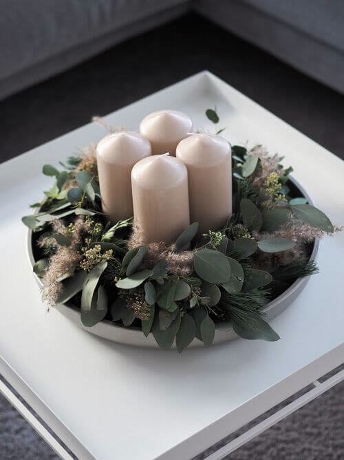 Centerpiece tray with eucalyptus and candles