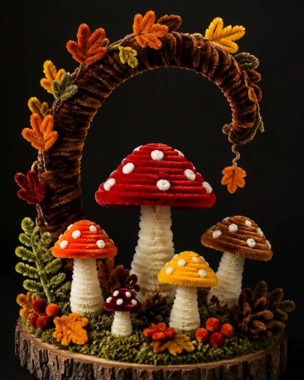 Woodland mushroom scene with a curly arch