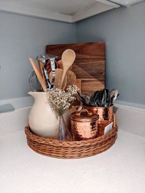 Copper and wood utensil tray