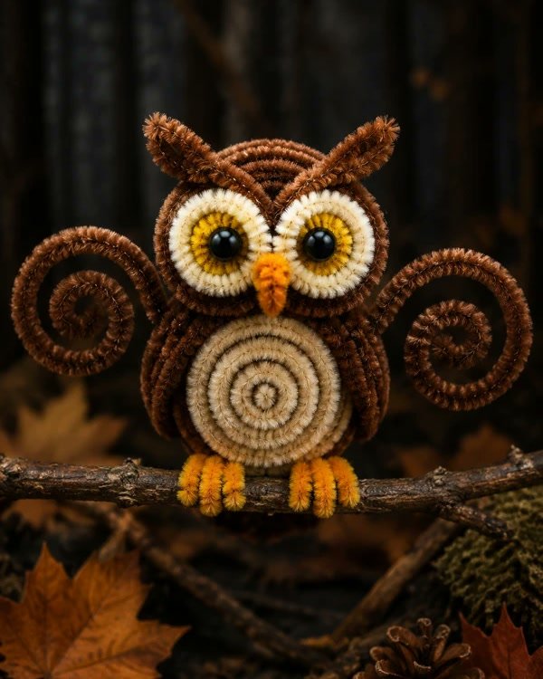 Owl perched on a twig with spiral wings