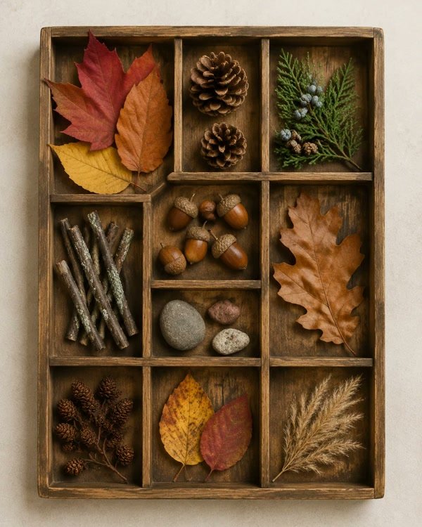 Wooden Tray Collage With Gathered Autumn Treasures