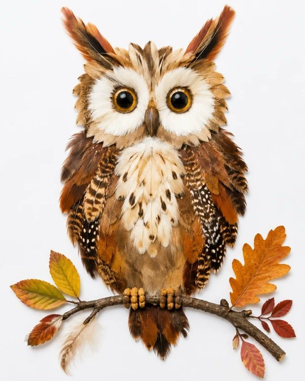 Feathered Owl Wall Art With a Woodland Branch