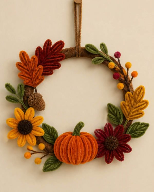 Pumpkin and flower wreath in soft harvest colors