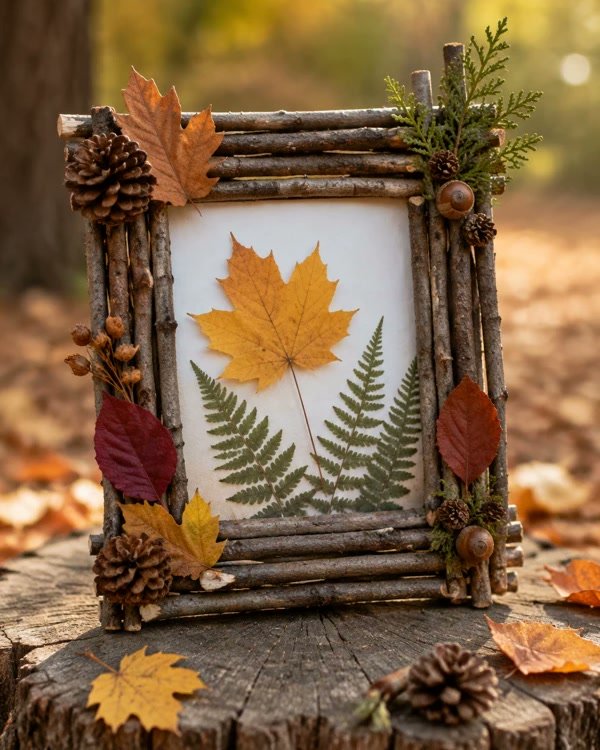Rustic Twig Frame With Pressed Leaves