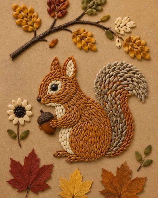 Seed Mosaic Squirrel With Autumn Acorns