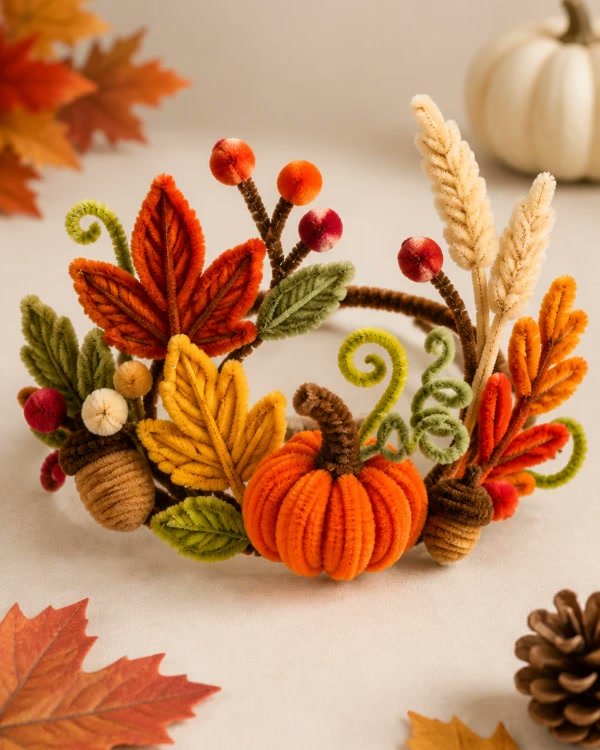 Bright autumn wreath with tiny pumpkins