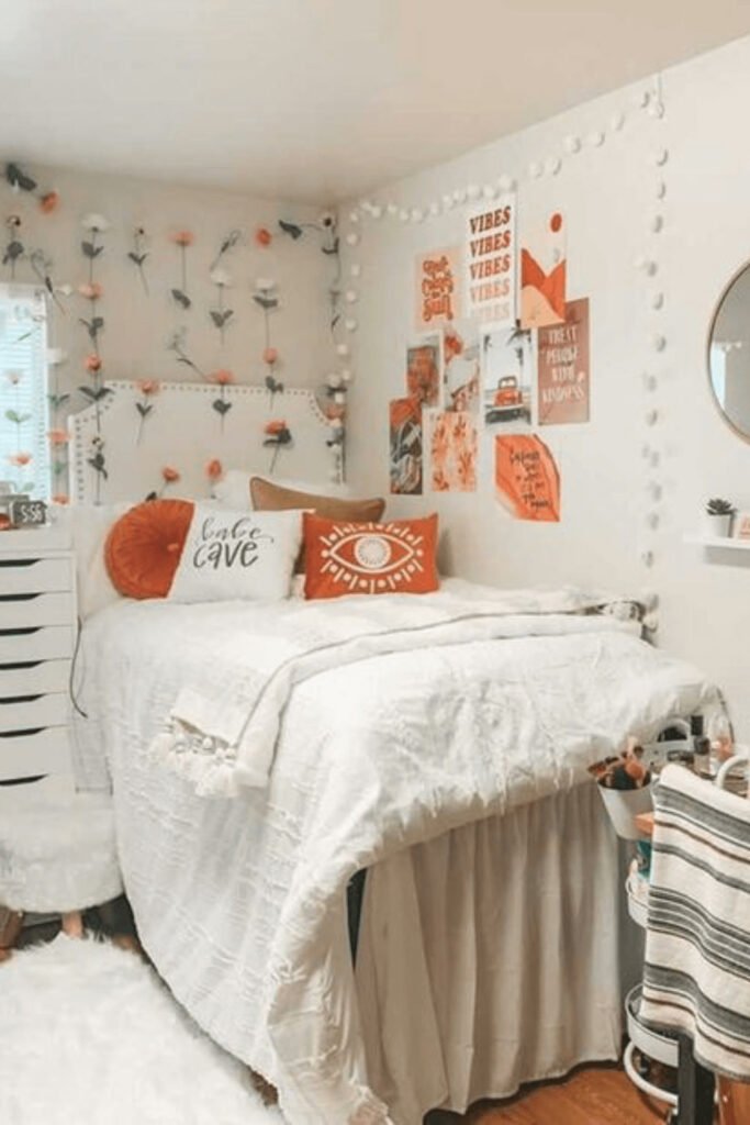Boho minimalist dorm room with a big rug