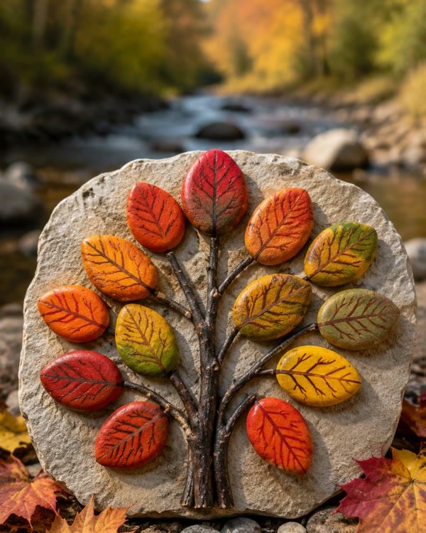 Leaf and Twig Tree on a Natural Stone Base