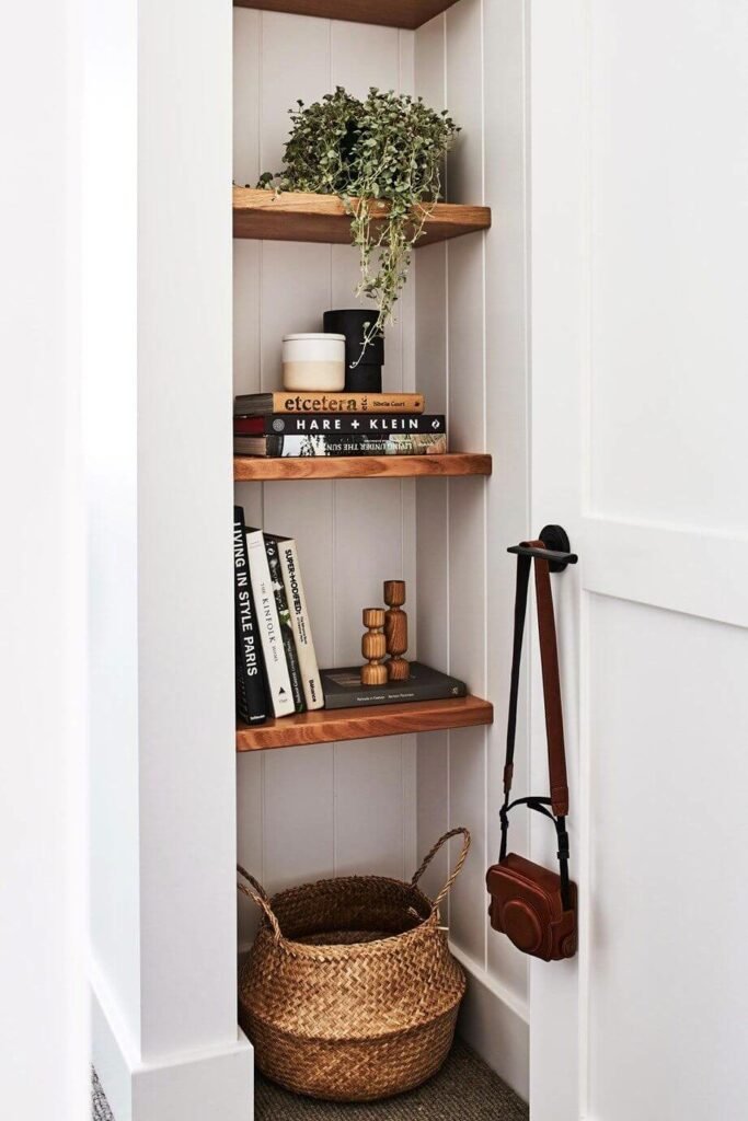 Floating Shelves in an Entryway Nook