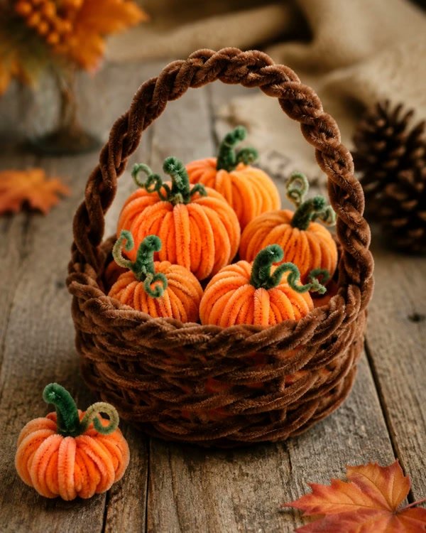 Pumpkin basket filled with a soft harvest