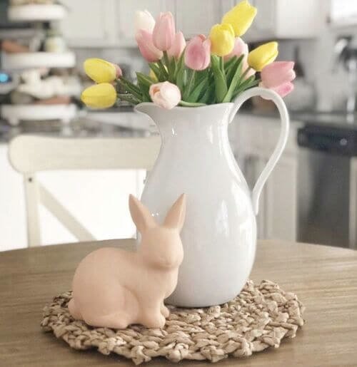 Bright tulips and ceramic pastel bunnies