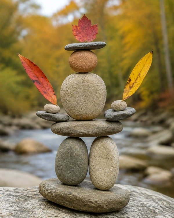 Balanced Stone Figure With Autumn Leaf Accents