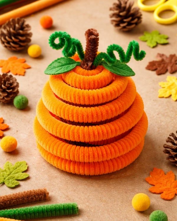 Round pipe cleaner pumpkin with a curly stem