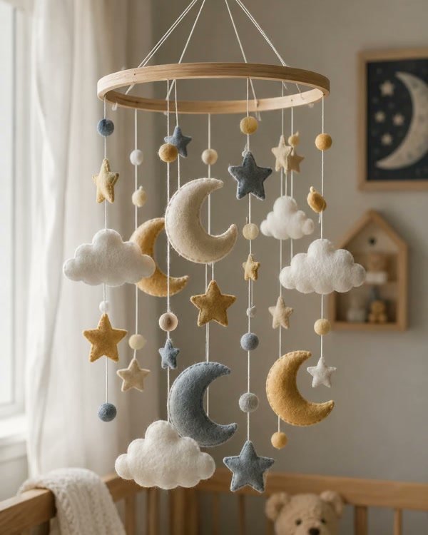 Dreamy Felt Moon and Stars Mobile
