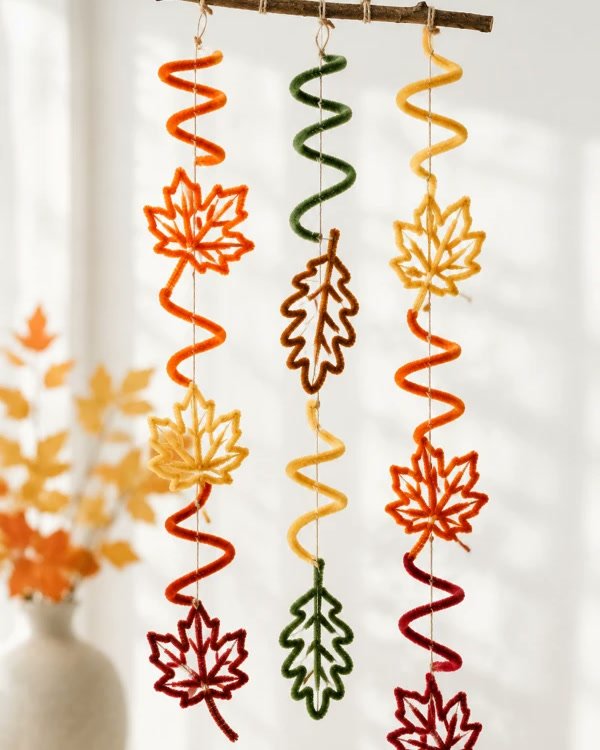 Spiral leaf mobile in warm autumn colors