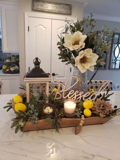 Lemons, leaves, scented candles and unique wood boards