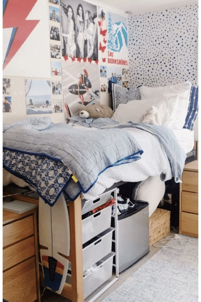 Cool dorm wall decor with a lofted bed
