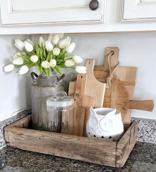 Wooden boards in a rustic flower tray