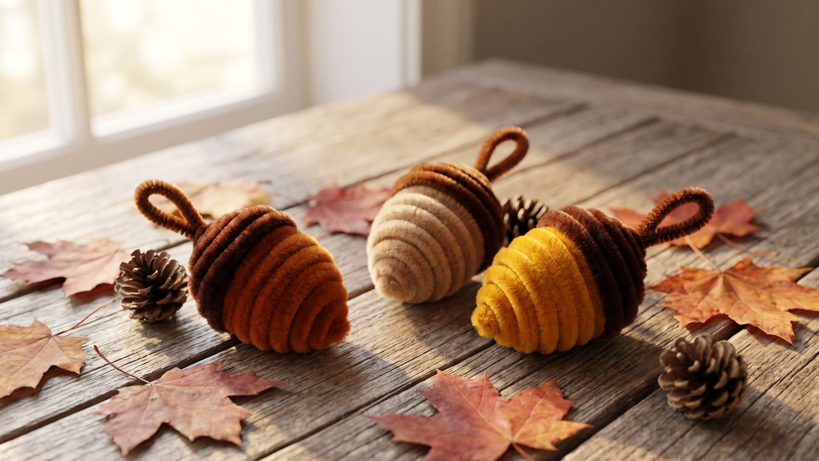 Three handmade pipe cleaner acorn ornaments in orange, tan and gold on a rustic wooden table with autumn leaves