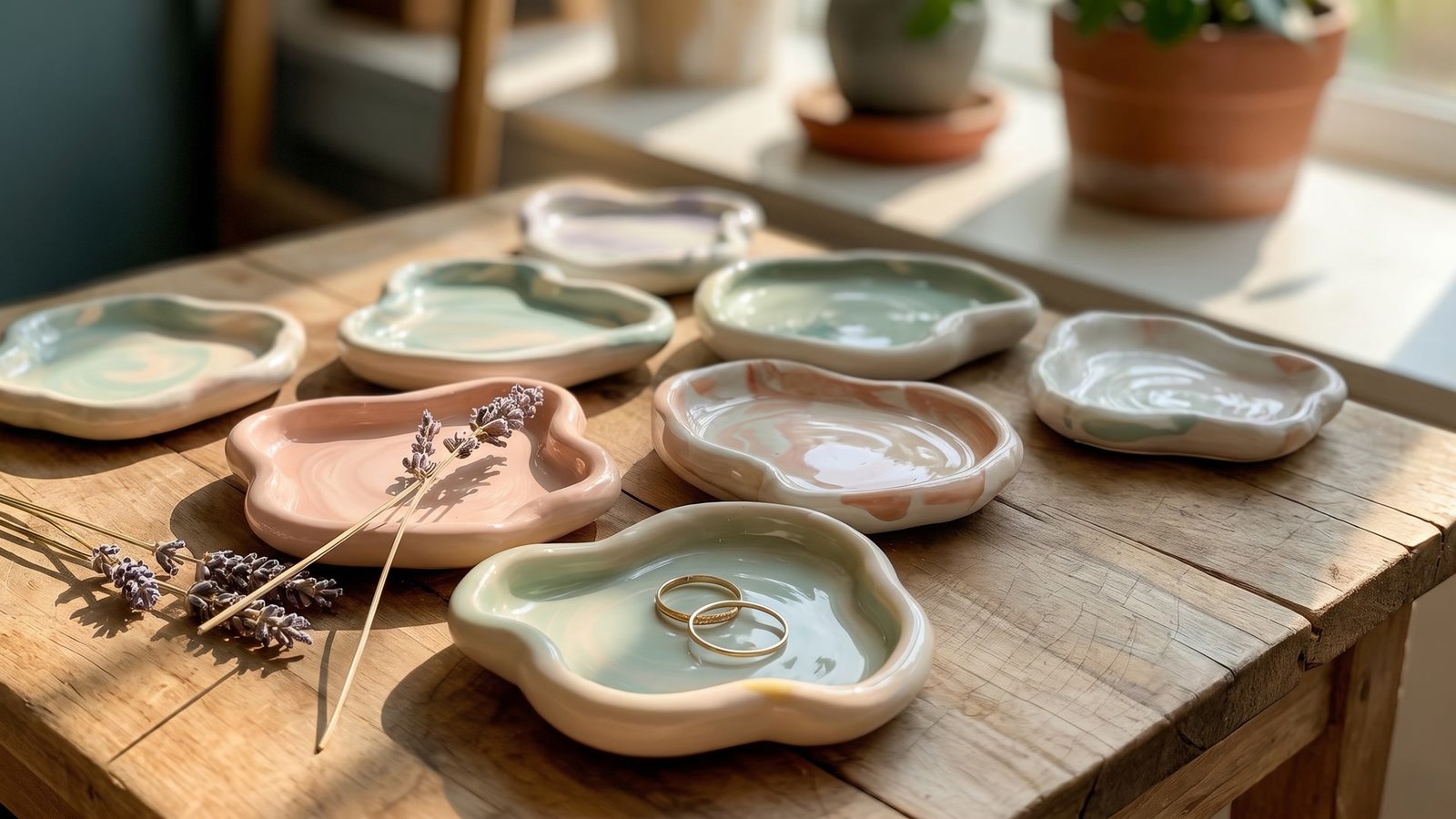 Handmade clay trinket dishes on a wooden table