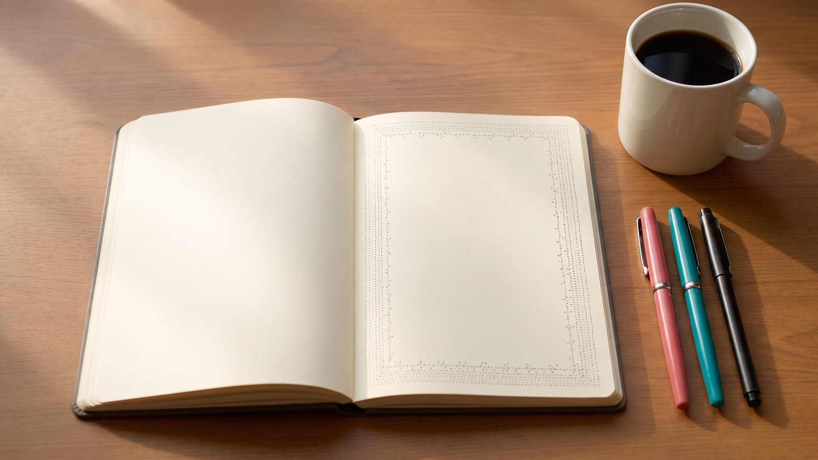 Open journal with a hand-drawn dotted border on a wooden desk