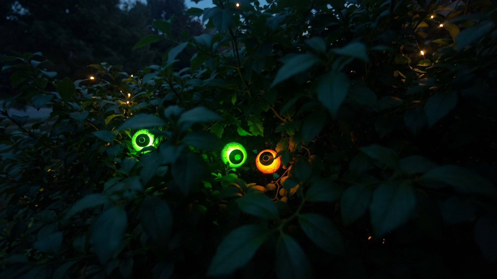 Glowing Halloween eyes hidden in dark garden bushes