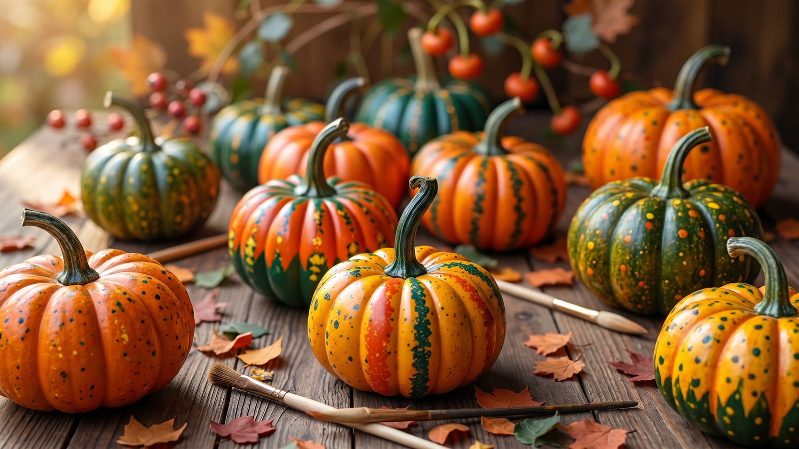 Hand-painted pumpkins and gourds on a wooden table