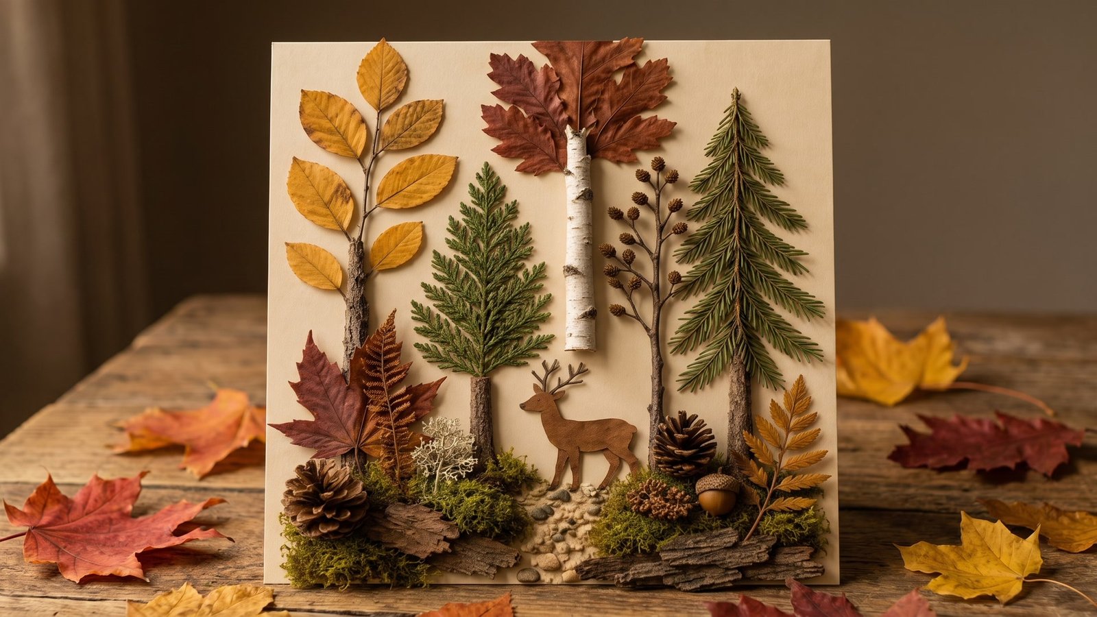 Handmade autumn woodland scene with leaves, twigs and a paper deer