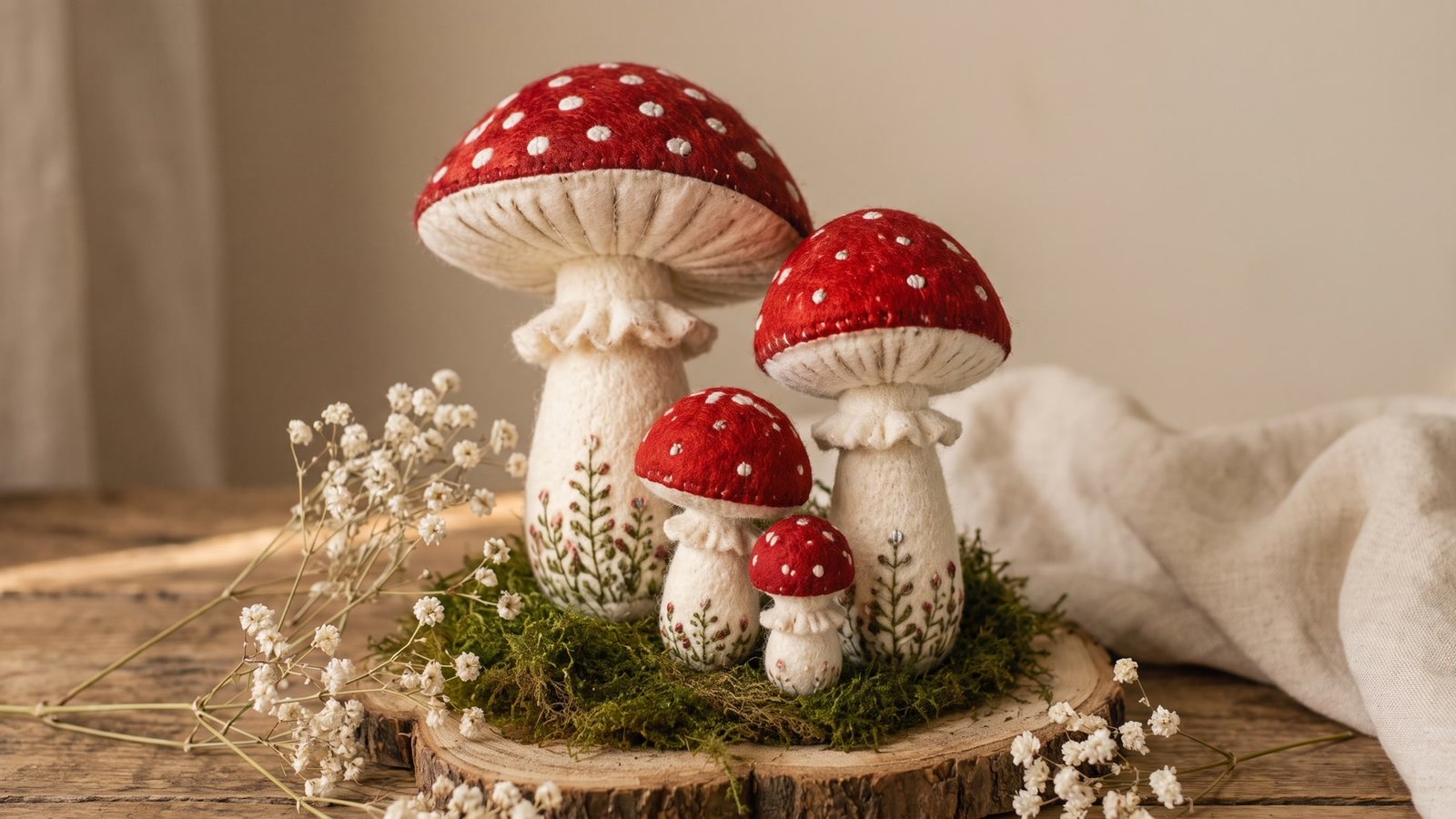 Handmade red felt toadstool mushrooms on a mossy wood slice