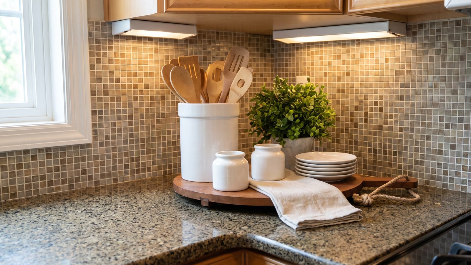 Cozy farmhouse kitchen counter corner with a wooden lazy Susan, white crock of wooden spoons and a small plant