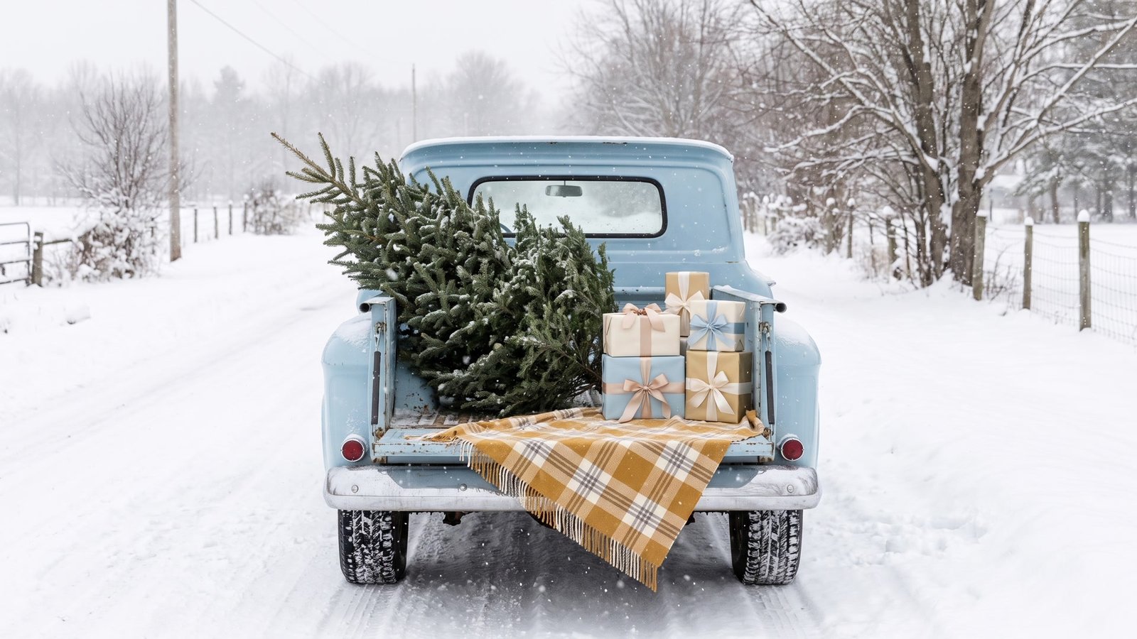 Vintage blue pickup truck carrying a Christmas tree and presents in the snow