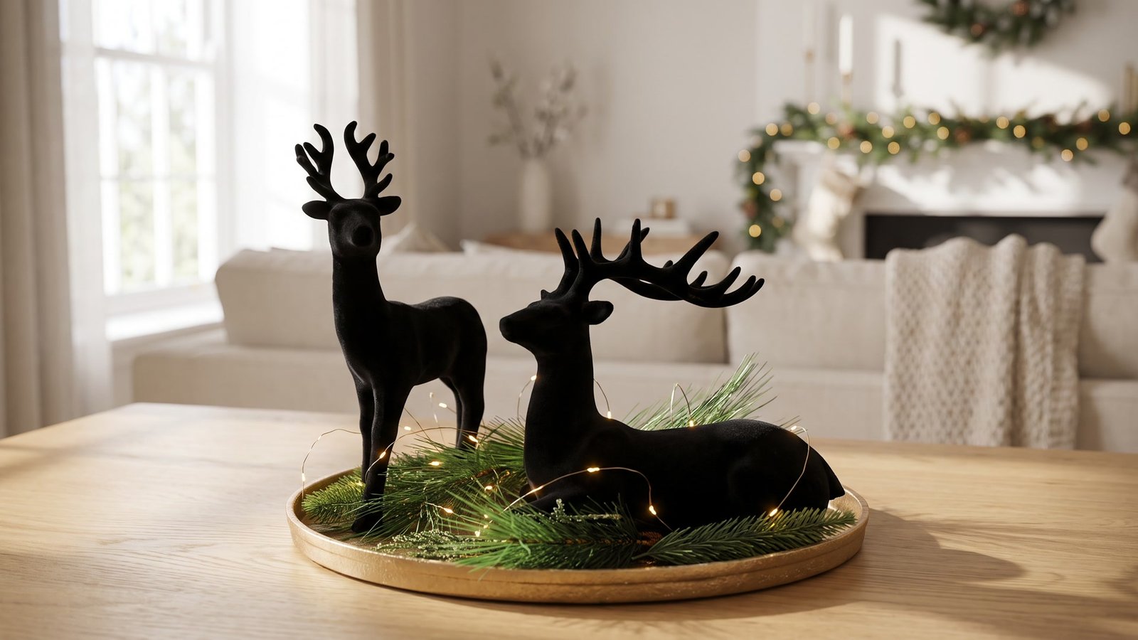 Christmas table centerpiece with black reindeer on a gold tray