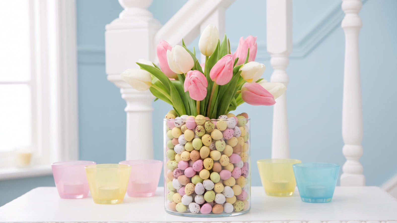 Speckled egg vase with pink and white tulips on an Easter table
