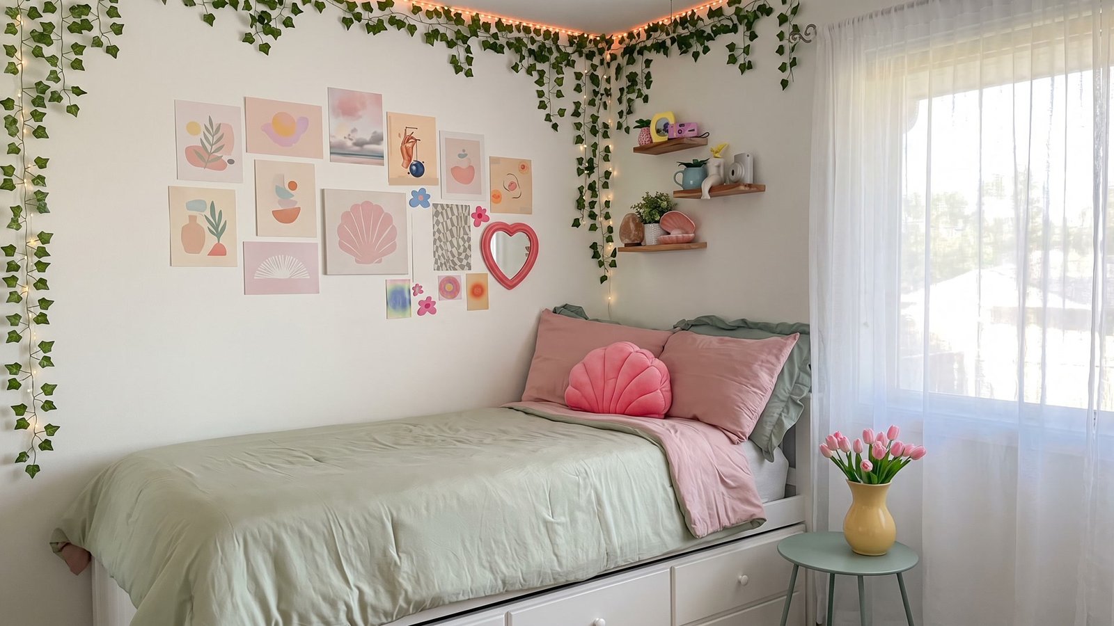 Danish pastel bedroom with sage green bedding, pink pillows and ivy vines