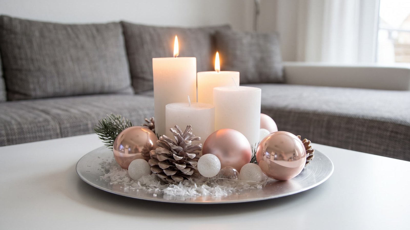 Silver Christmas centrepiece with white candles and blush pink ornaments